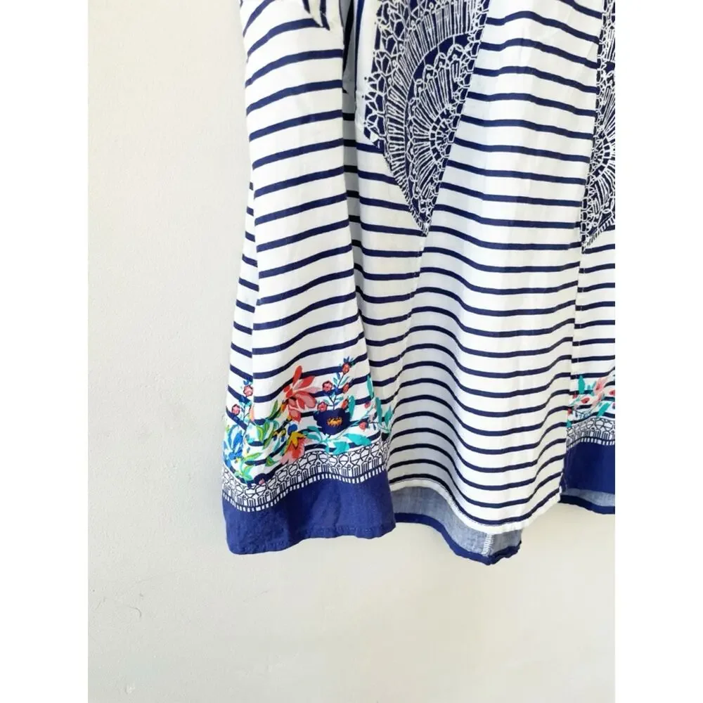 CAbi Navy and White Striped Cami with Floral Hem Size Medium EUC